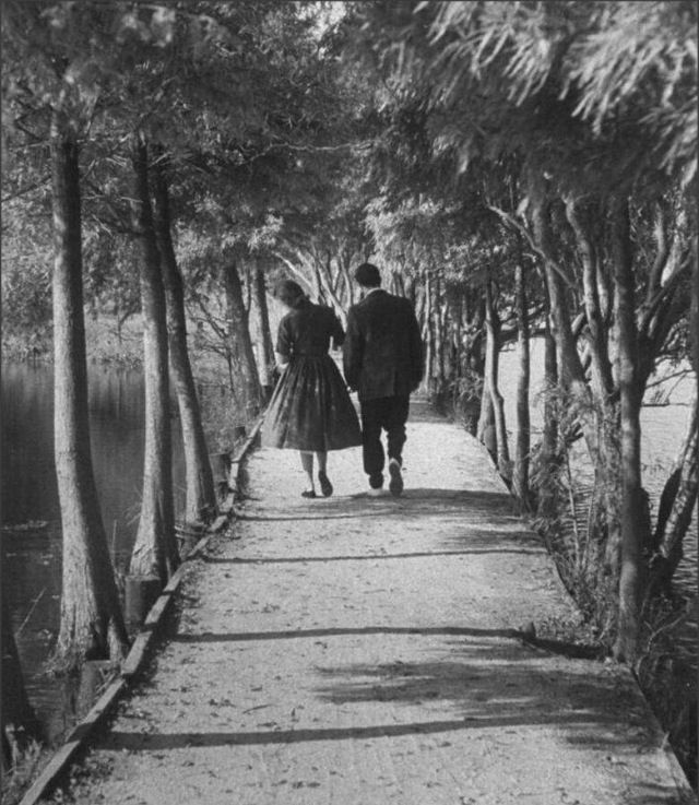 Man and woman in 1950s attire walk along a tree shaded path